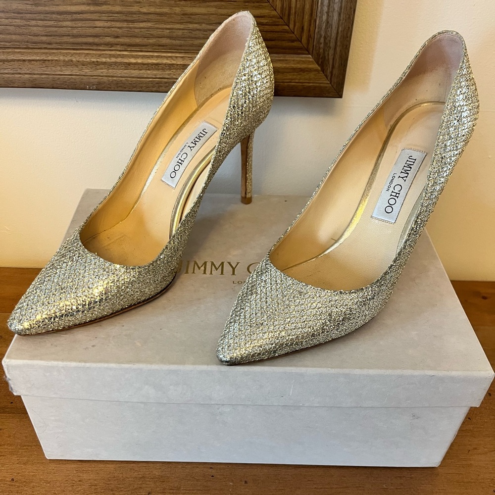 Jimmy Choo Romy 85 Size 40 Heels Champagne Glitter